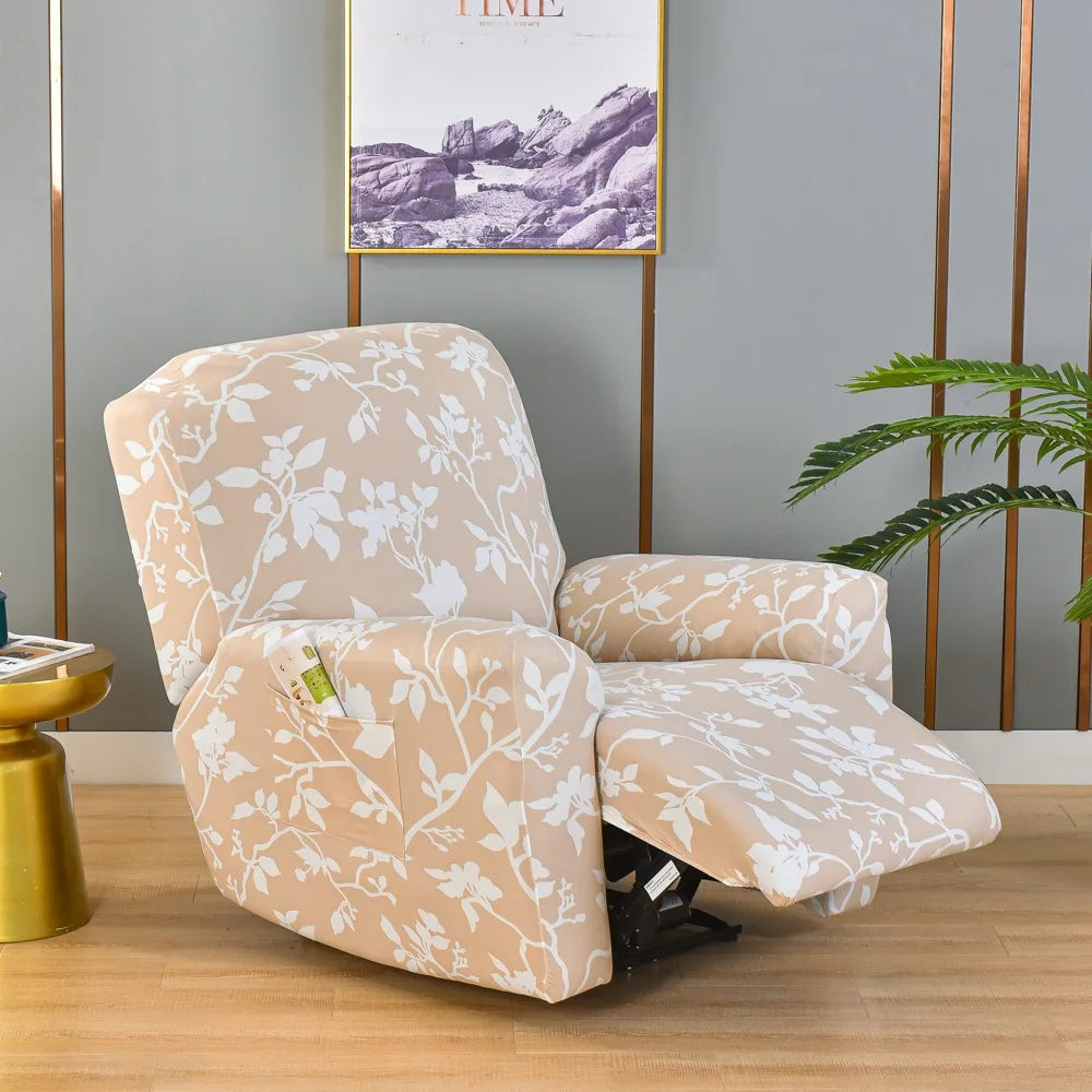 Printed Recliner Cover with Side Pocket — 4-Piece Set
