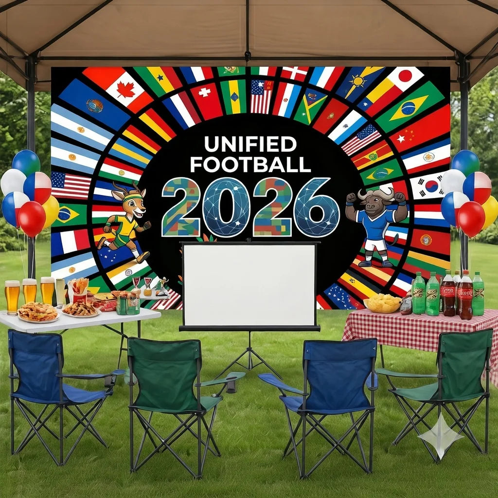 لوحة جدارية كبيرة بتصميم دائري يضم أعلاماً وطنية ونص 'Unified Football 2026'