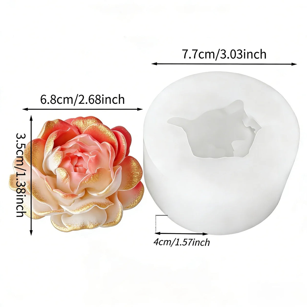 A white silicone mold shaped like a rose flower with measurements provided.