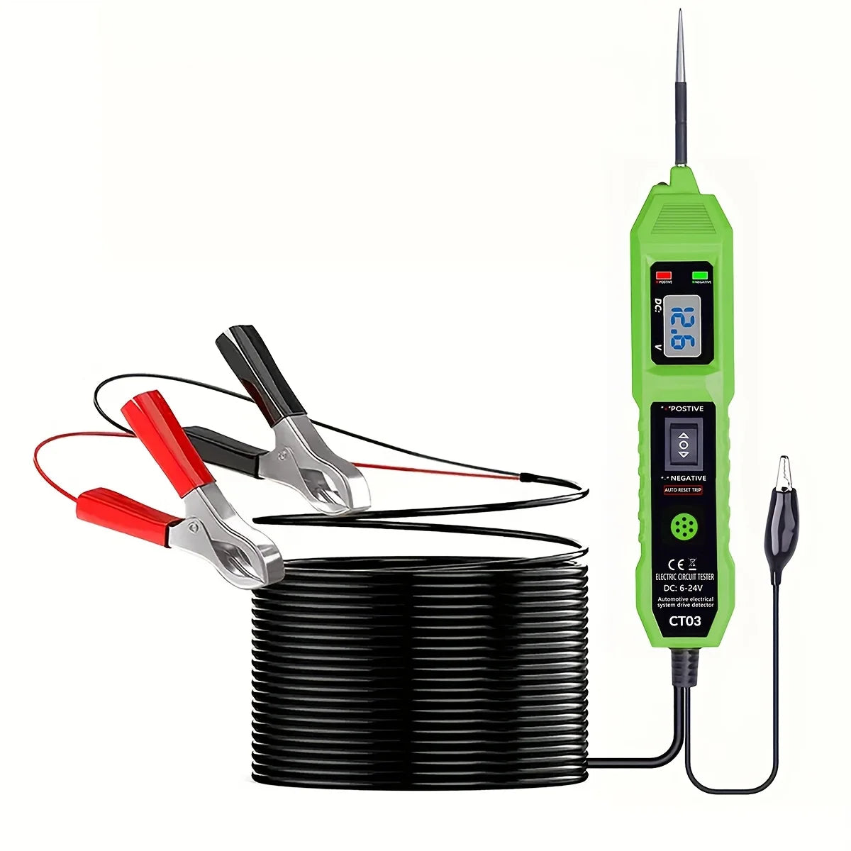 A digital car circuit tester with an LED voltage display and a probe connected to a black coil.