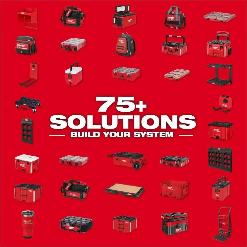 A collection of various PACKOUT magnetic bins and storage solutions in red and black on a red background.