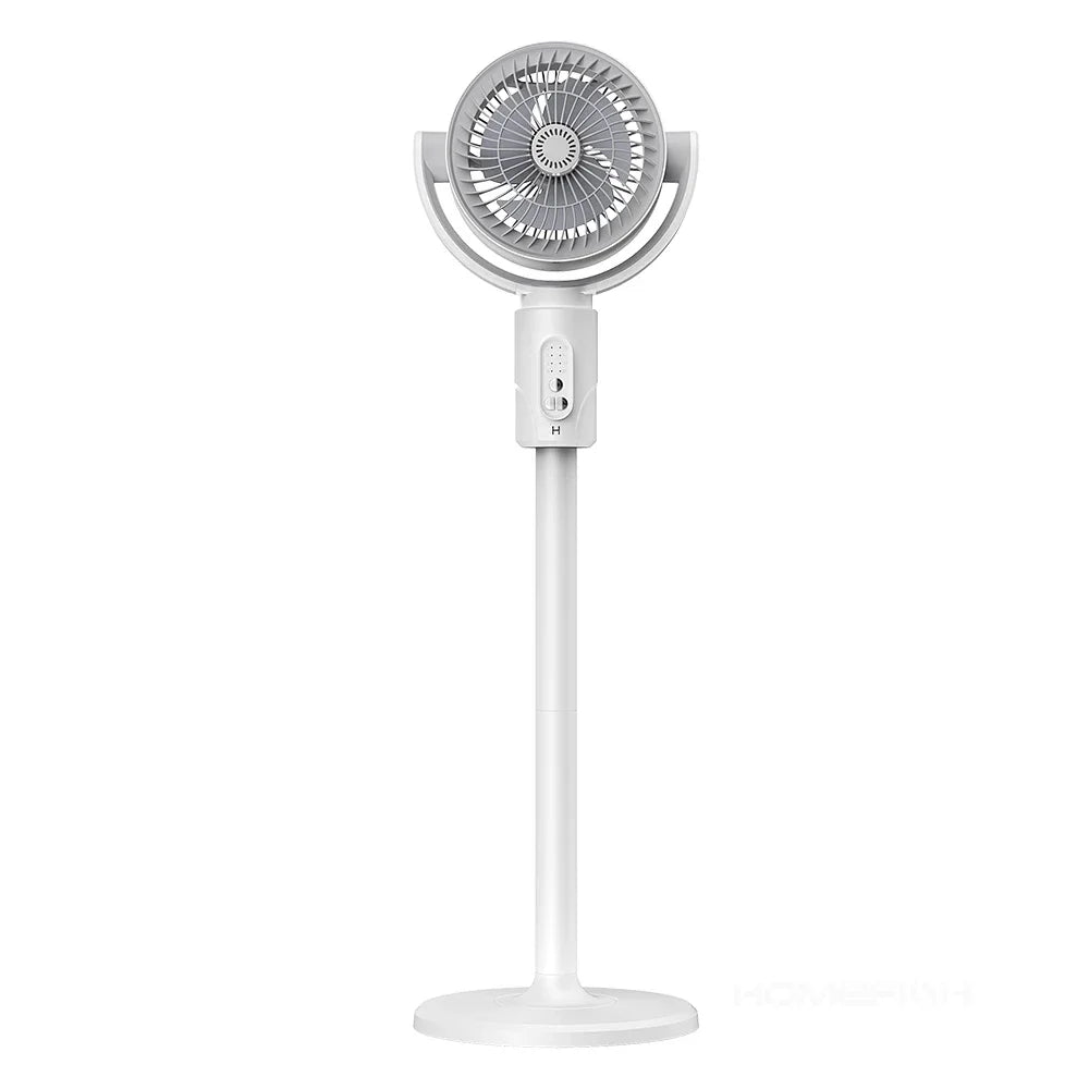 A white 360° circulation floor fan with a grille and remote control.