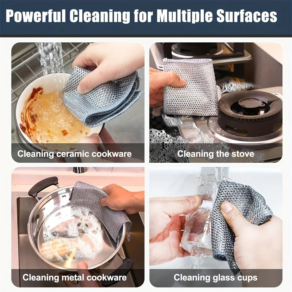 Demonstration of double-layer microfiber cleaning cloths used for cleaning ceramic cookware, a stove, and glass cups.