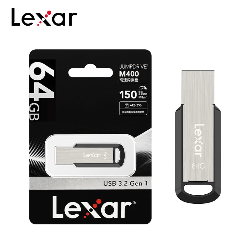 A Lexar M400 USB 3.2 Gen 1 flash drive is shown next to its packaging.