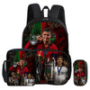 A black backpack featuring a football star design, including a pencil bag and other accessories.