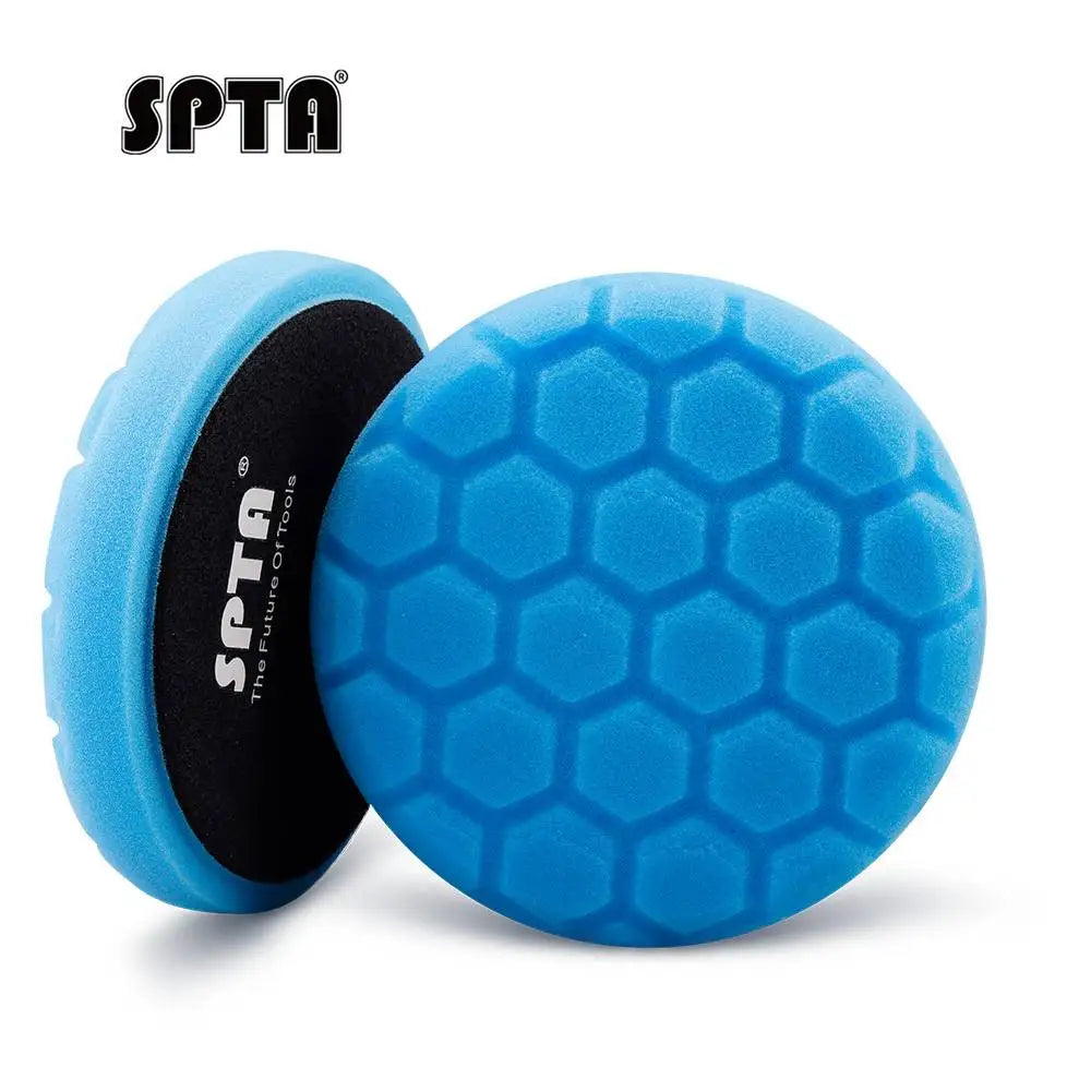 A blue hexagonal foam buffing pad with a black grip, used for rotary and dual-action polishers.