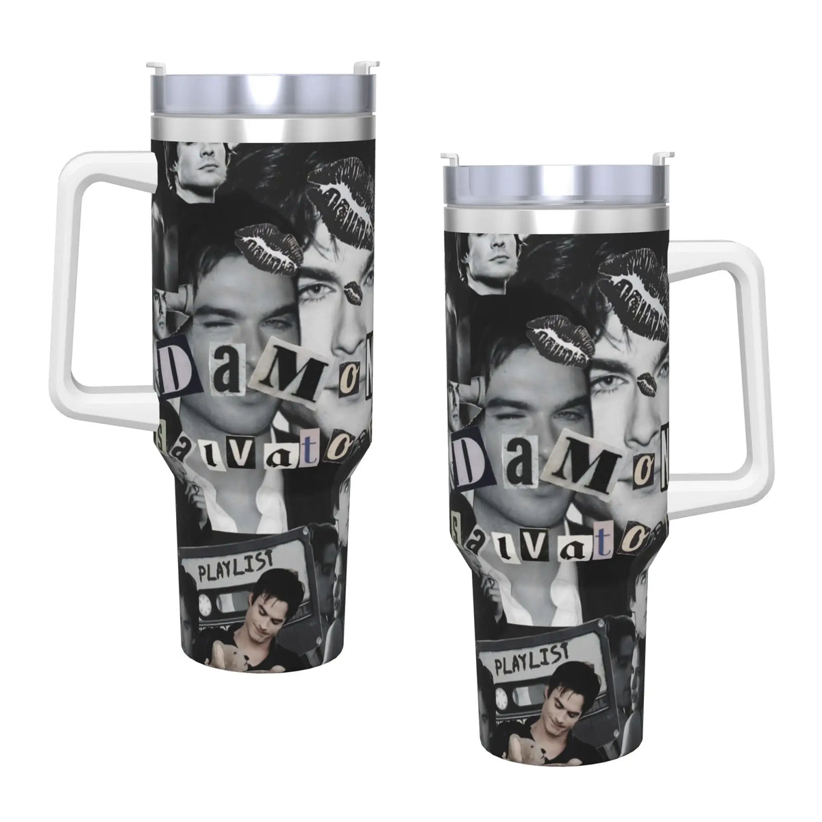 Insulated stainless steel tumbler featuring a black and white portrait design.