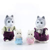 A set of forest animal miniature dolls featuring gray and white fur with purple, green, and pink clothing.