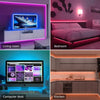 A composite image showing modern interior lighting setups in a living room, bedroom, computer desk, and kitchen.