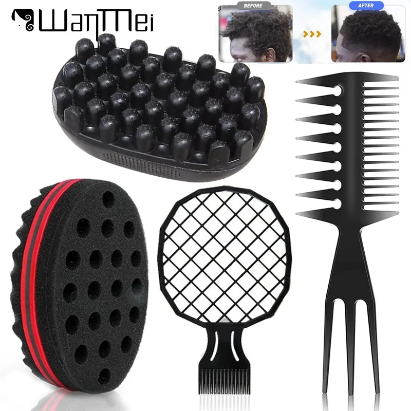 Black afro twist hair brush and sponge comb kit with a black plastic comb and a black foam brush