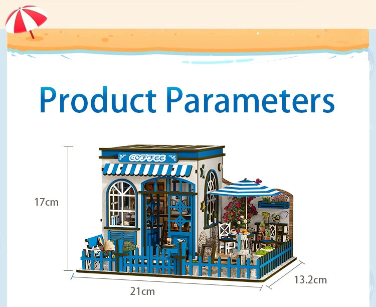 A wooden dollhouse miniature assembly kit featuring a blue and white facade with detailed interior and exterior elements.
