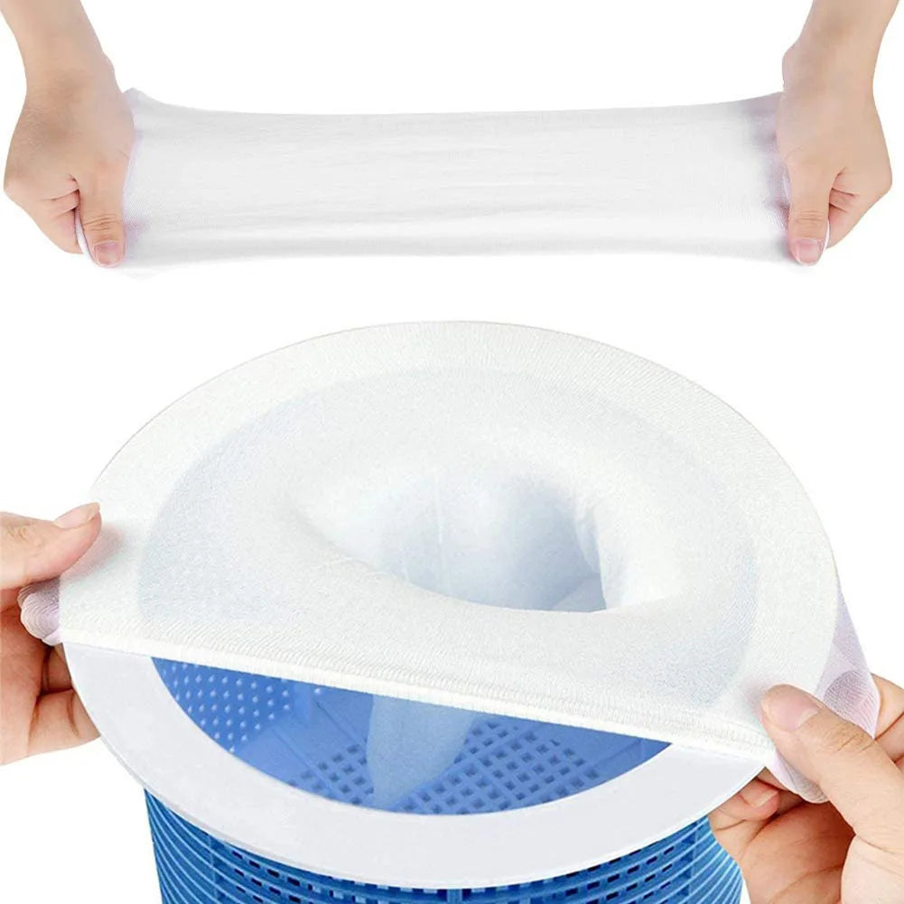 Hands hold a white reusable pool skimmer sock and a circular white filter disk.