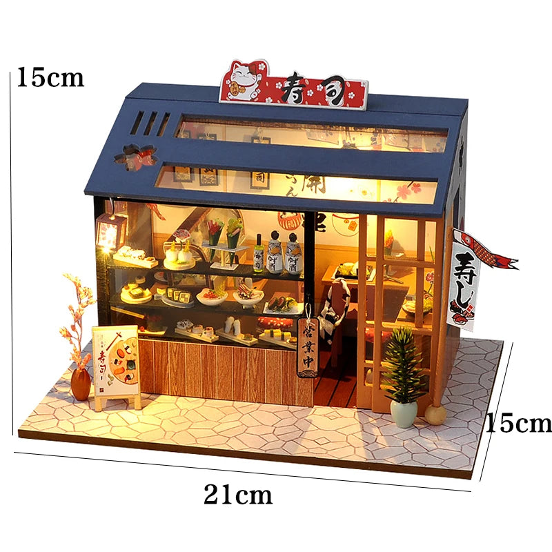 A wooden miniature Japanese sakura tea house kit featuring an illuminated display cabinet and various tea items.