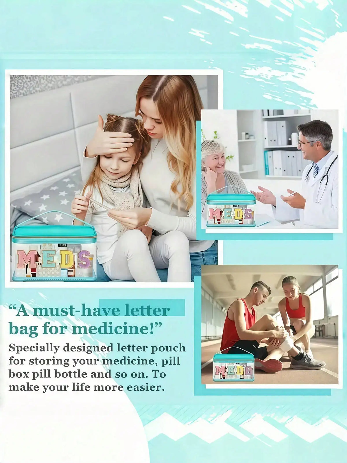 Eine Frau benutzt eine portable, durchsichtige Kosmetik- und Medikamententasche zum Aufbewahren von Pillen und Medizin.