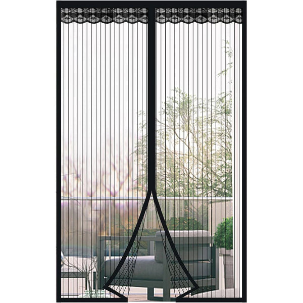 A vertical magnetic screen door with a decorative top and bottom pattern, shown in a full-length view.
