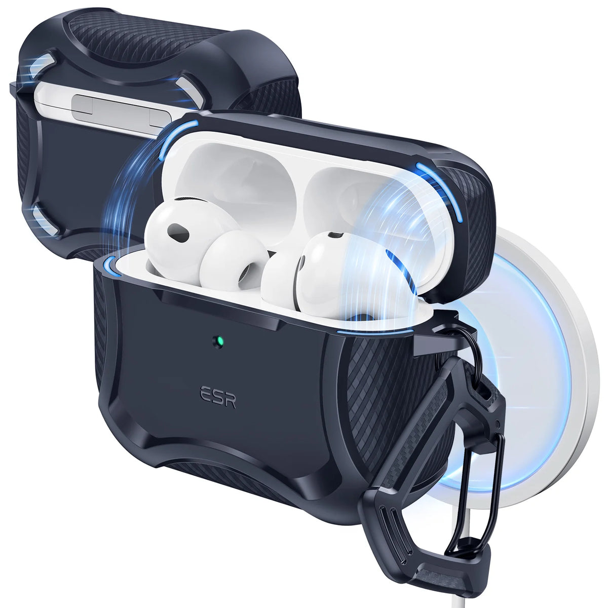 A black case for AirPods Pro 3 earbuds with a magnetic lock and drop protection feature.