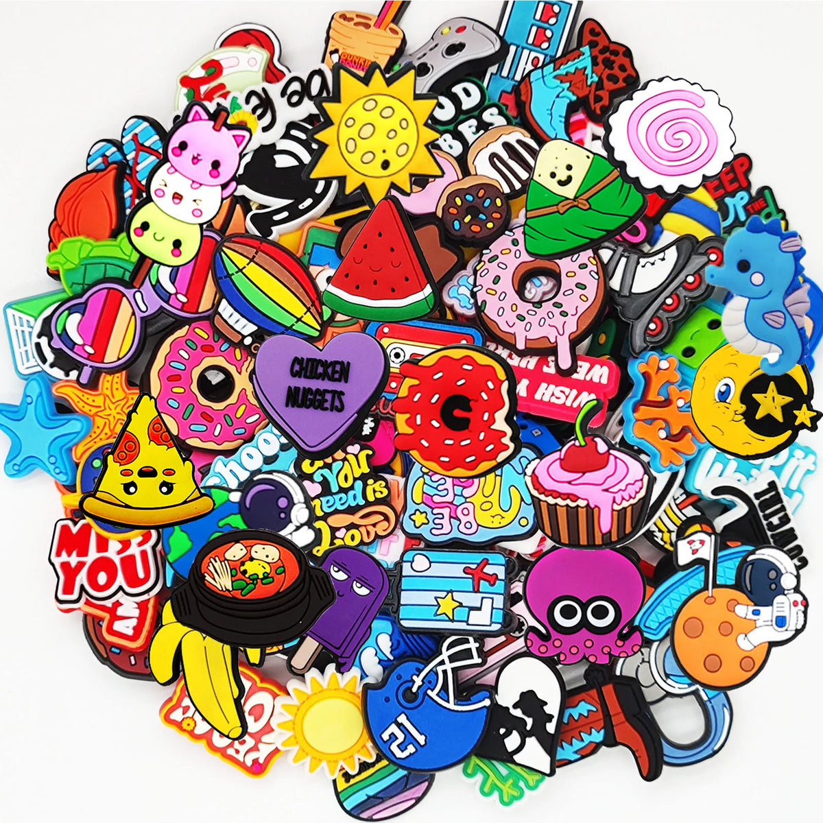 A colorful assortment of fun PVC shoe charms for sandals and beach bags.