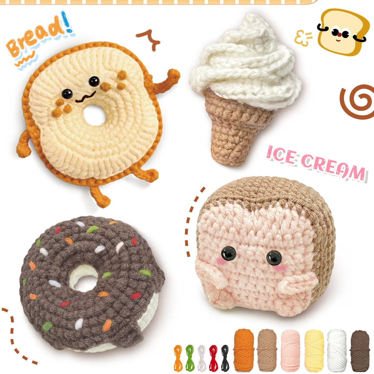 A collection of crochet crafts including a bread donut, ice cream cone, and a hedgehog figure.