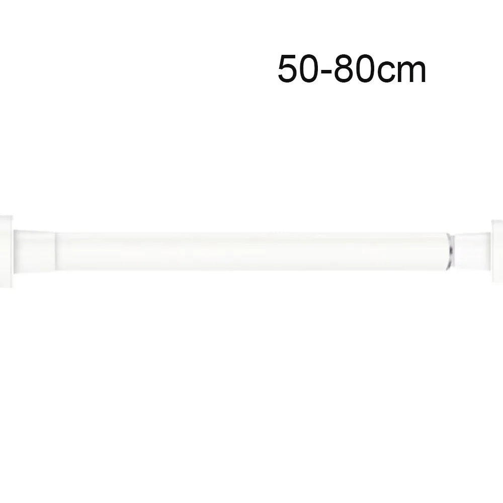 A white steel tension curtain rod with hanging clips, measuring 50-80cm long.