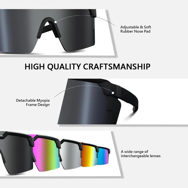 A close-up view of black sports sunglasses with an adjustable rubber nose pad and detachable frame design.
