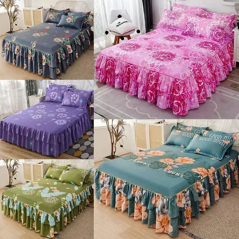Floral Ruffle Bed Skirt with Matching Pillowcases