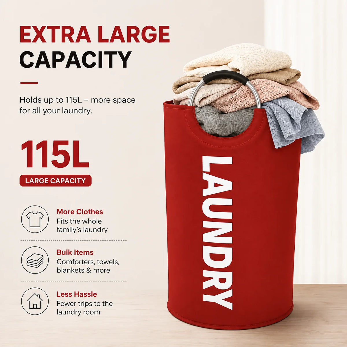 A red extra large foldable laundry hamper with padded handles filled with clothes.