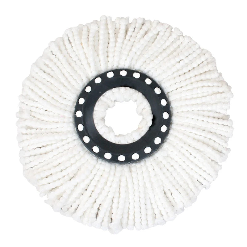 White microfiber mop head refill with a black spinning disc and white fibers.