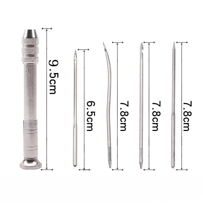 A set of leather sewing awls with replaceable needles shown in various sizes and angles.