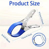 Stainless steel pool cover clips with blue comfort grip handles shown with size measurements.