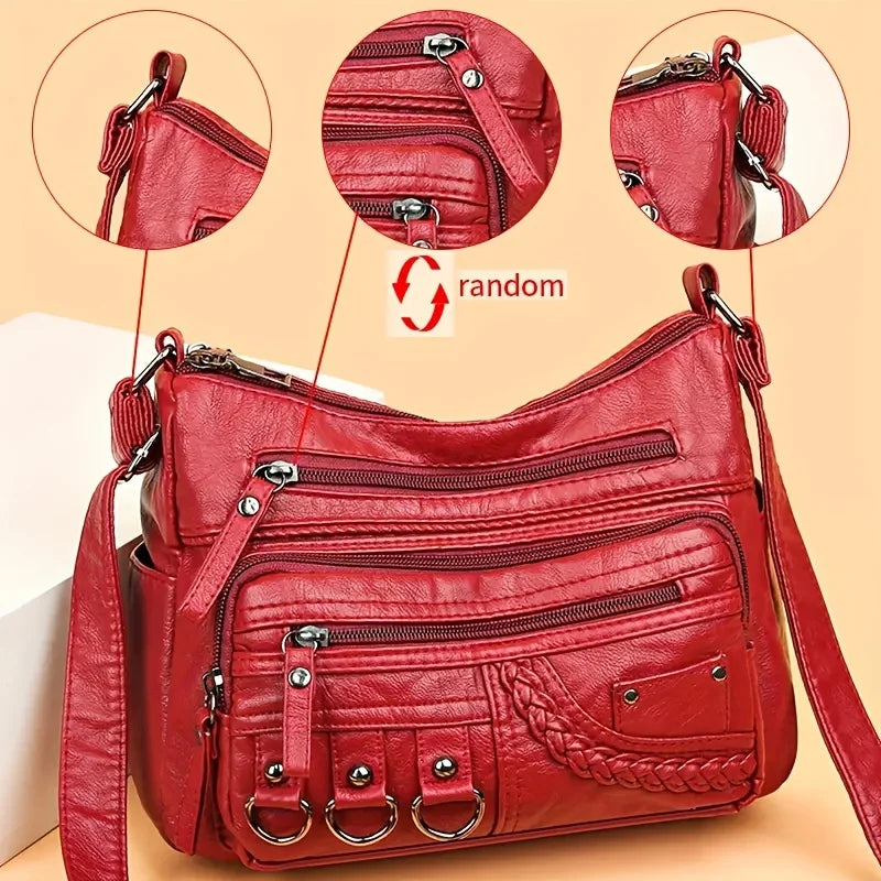 A red leather vintage PU crossbody bag shown with various angles and details.