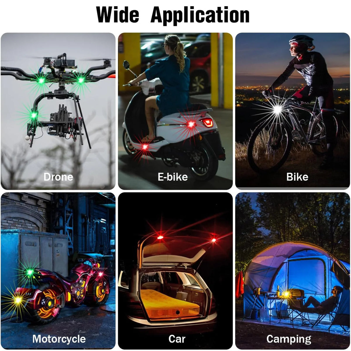 A collection of products demonstrating the wide application of rechargeable wireless LED strobe lights, including a drone, e-