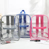 A collection of transparent PVC backpacks in blue, pink, and gray are displayed on a white surface.