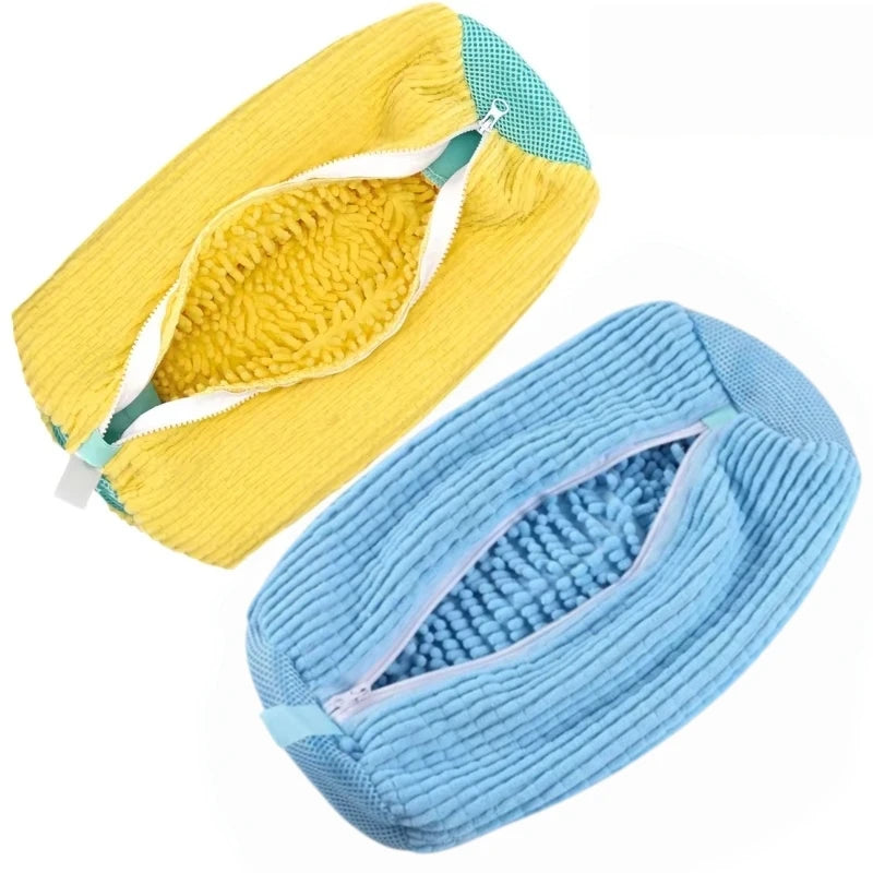 Yellow and blue shoe washing machine bag with a soft bristled cleaning brush set