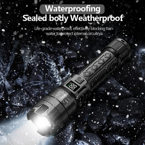A black rechargeable LED tactical flashlight is shown against a dark, icy background.