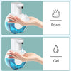 A hand dispenses foam soap from a blue wall-mounted infrared automatic dispenser, with an option for gel.
