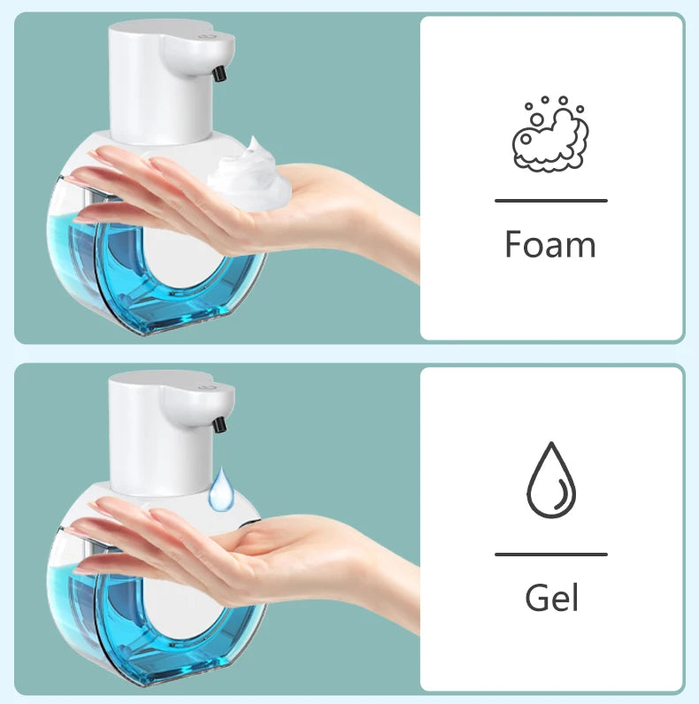 A hand dispenses foam soap from a blue wall-mounted infrared automatic dispenser, with an option for gel.