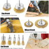 A set of three drill brushes including a cup brush, wheel brush, and end brush for cleaning various surfaces.