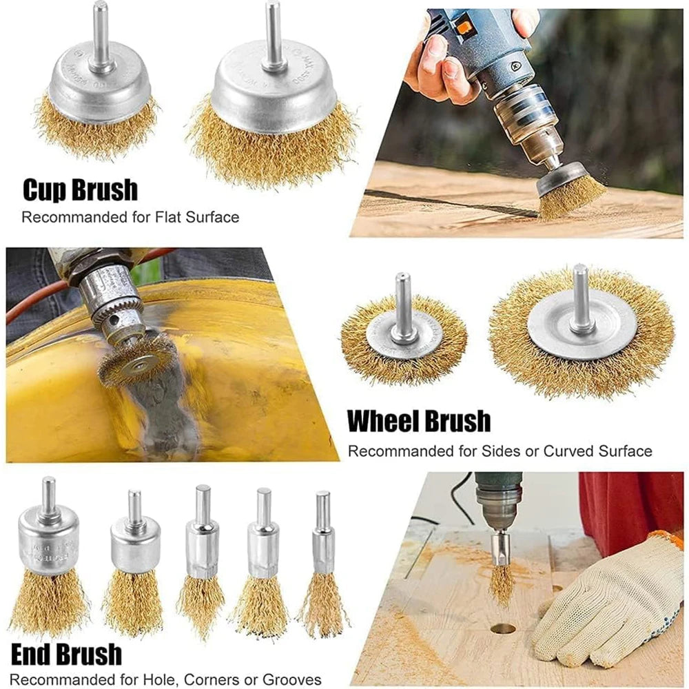 A set of three drill brushes including a cup brush, wheel brush, and end brush for cleaning various surfaces.