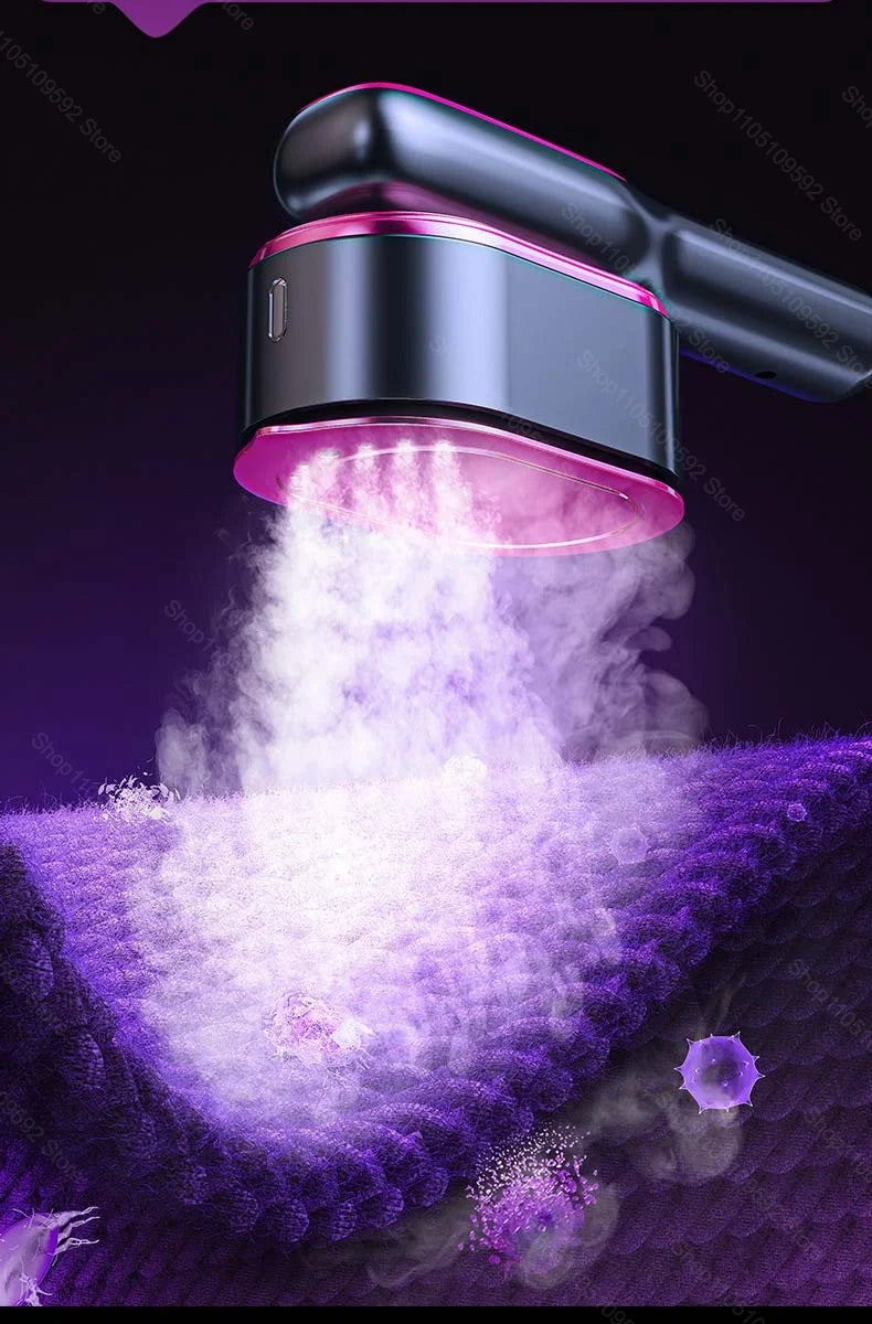 A handheld garment steamer emits a cloud of steam over purple fabric.