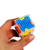 A hand holds a transparent cube puzzle with colorful plastic maze pieces inside.