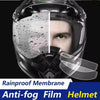 Close-up of a motorcycle helmet showing a transparent waterproof membrane and anti-fog film layer.
