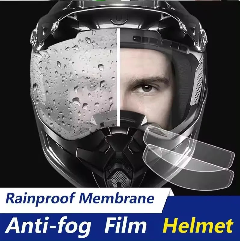 Close-up of a motorcycle helmet showing a transparent waterproof membrane and anti-fog film layer.