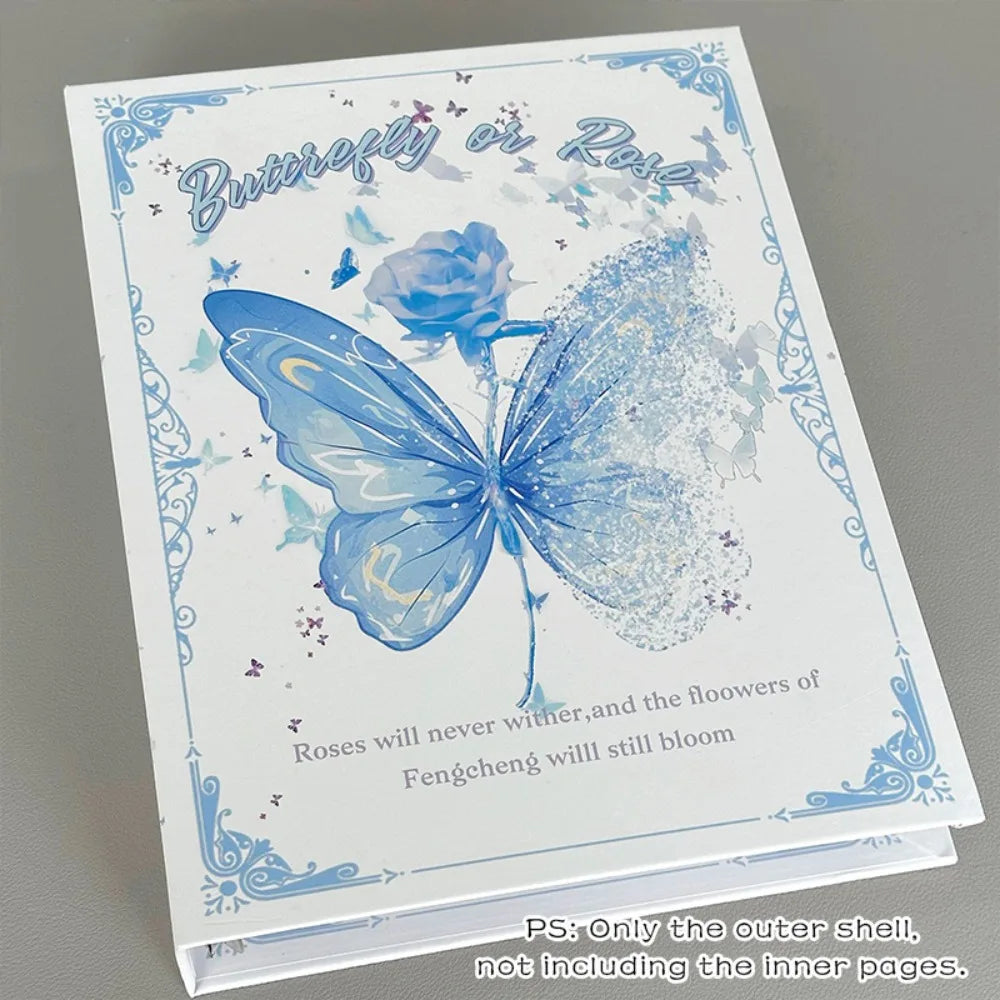 A light blue and white butterfly design on an A5 loose-leaf photo album cover featuring the text Butterfly or Rose.