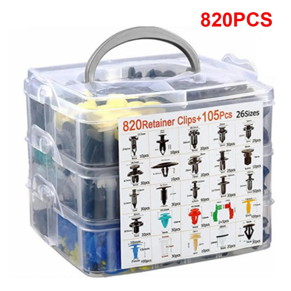 Clear plastic container holding 820 retainer clips in various sizes for automotive trim and panels
