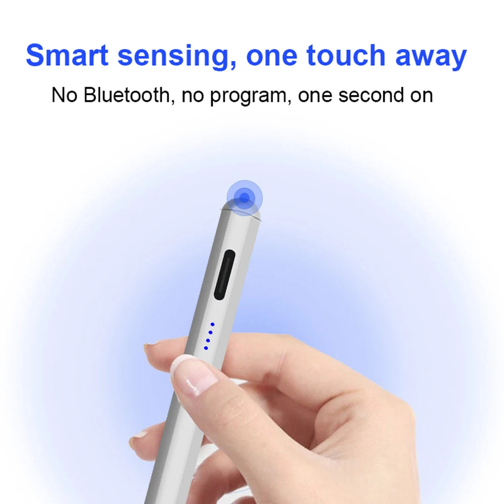 Una mano sostiene un bolígrafo stylus plateado con punta de detección azul, demostrando tecnología de detección inteligente.
