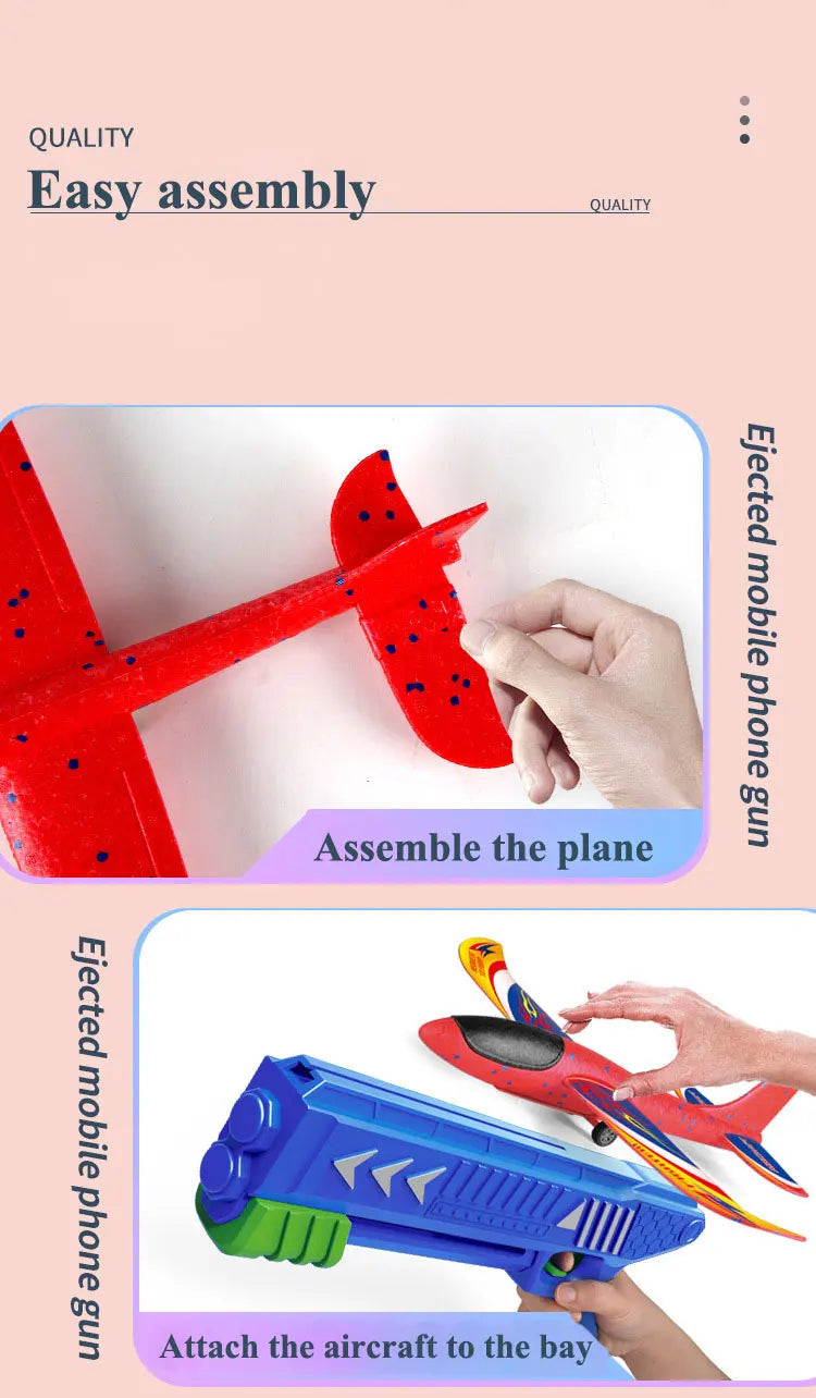 Hands assemble a red foam plane model and attach it to a blue toy boat.