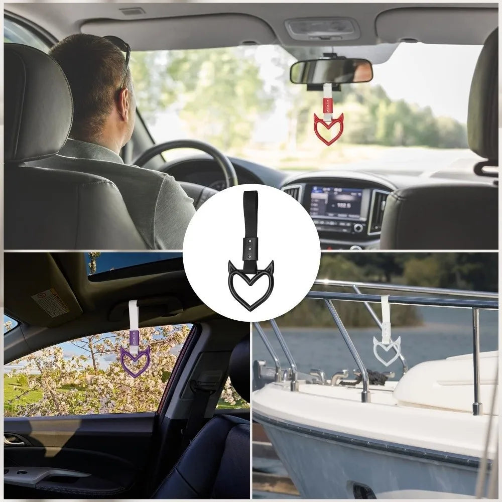 A heart-shaped car handle decor with a holographic finish is shown in various contexts including a car interior and on a boat
