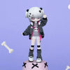 A white-haired anime-style collectible figurine with black and pink clothing standing on a pink base.