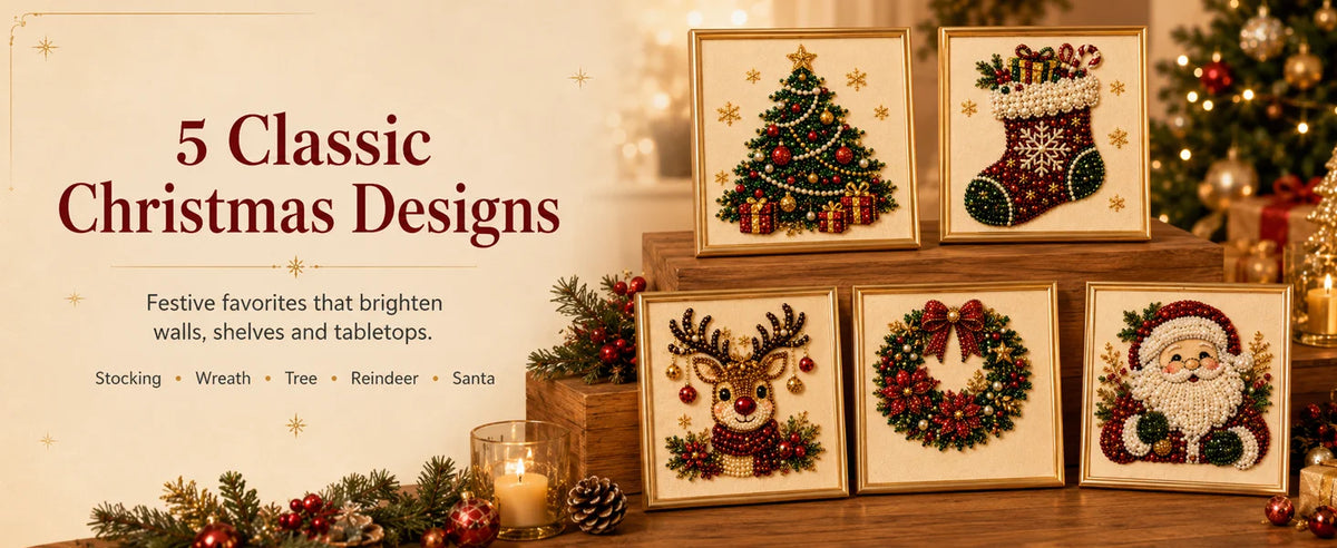 Five classic Christmas designs in diamond painting format featuring trees, reindeer, and Santa