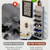 A storage organizer case with multiple slots for sunglasses, showing before and after damage prevention.